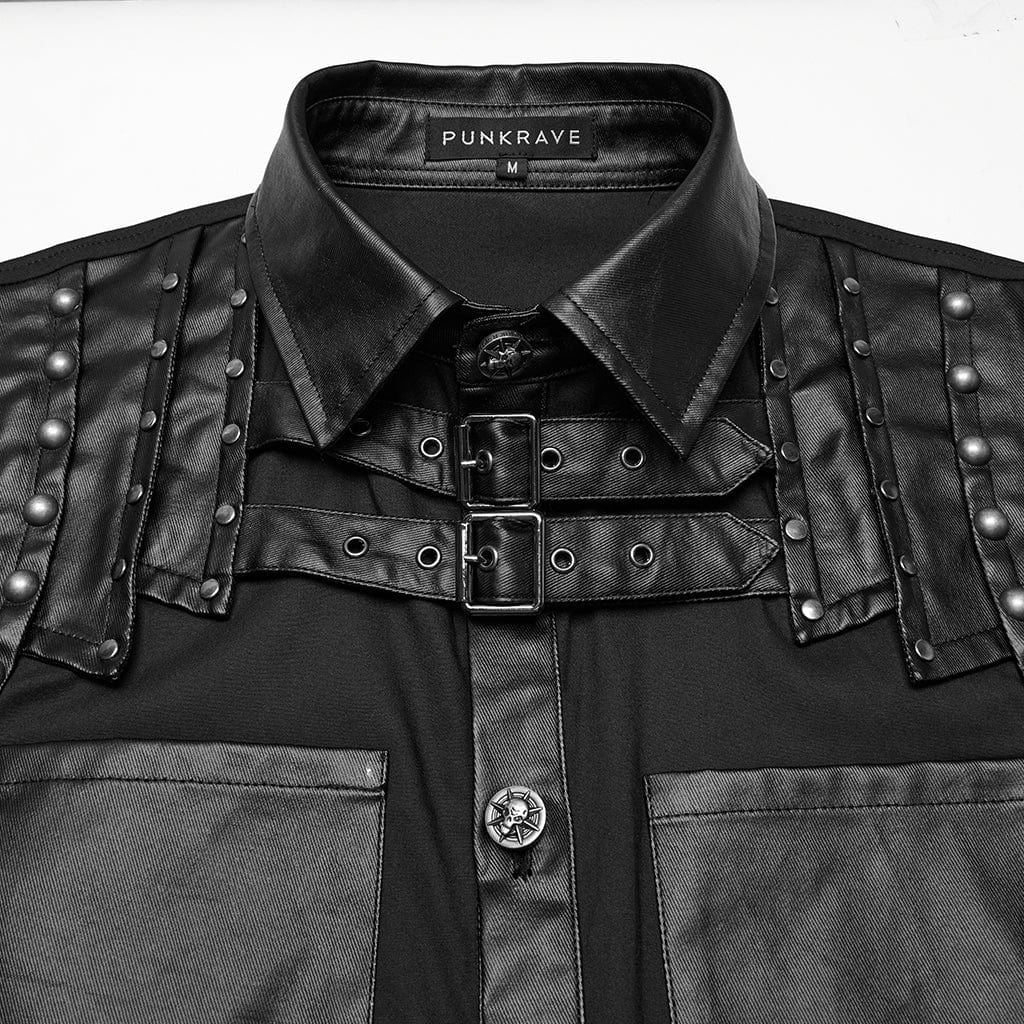 PUNK RAVE Men's Punk Faux Leather Splice Splice Buckle Strap Shirt