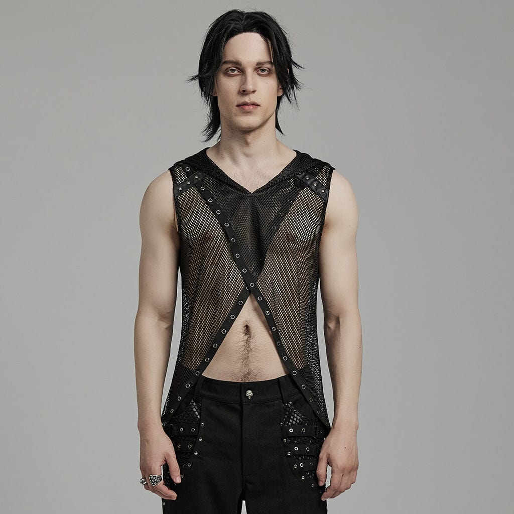 PUNK RAVE Men's Punk Irregular Eyelet Mesh Vest with Hood