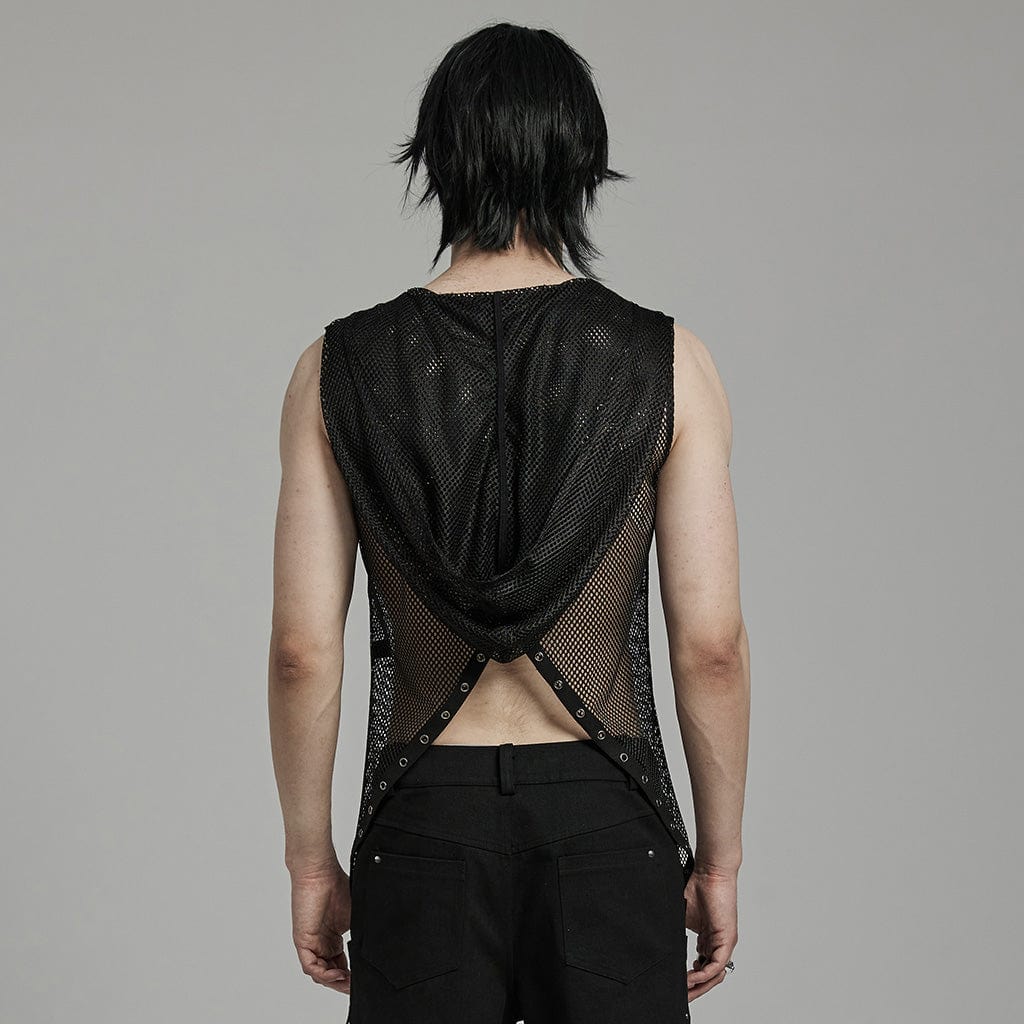 PUNK RAVE Men's Punk Irregular Eyelet Mesh Vest with Hood