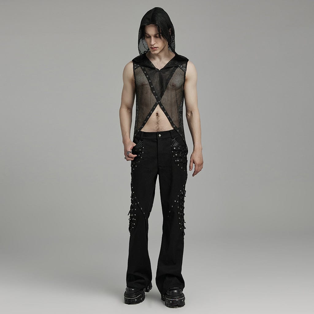 PUNK RAVE Men's Punk Irregular Eyelet Mesh Vest with Hood