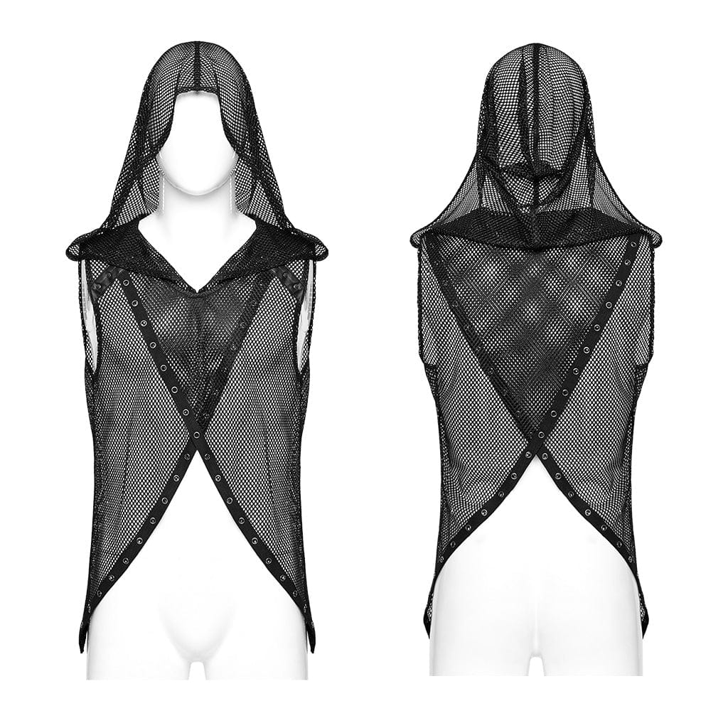 PUNK RAVE Men's Punk Irregular Eyelet Mesh Vest with Hood