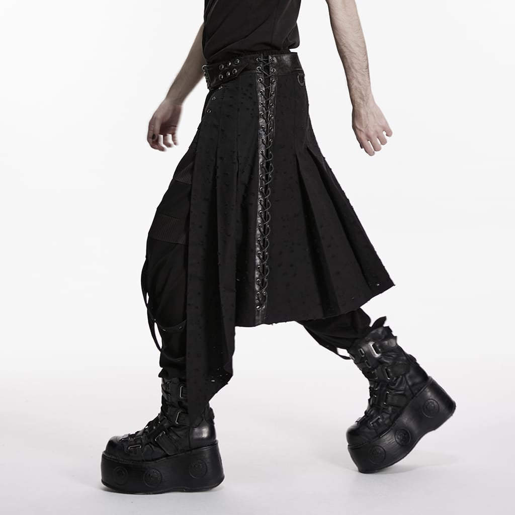 PUNK RAVE Men's Punk Irregular Ripped Pleated Skirt