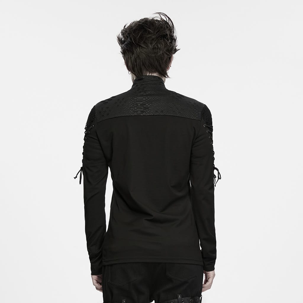 PUNK RAVE Men's Punk Lace-up Zipper Turtle Neck Long Sleeve Top