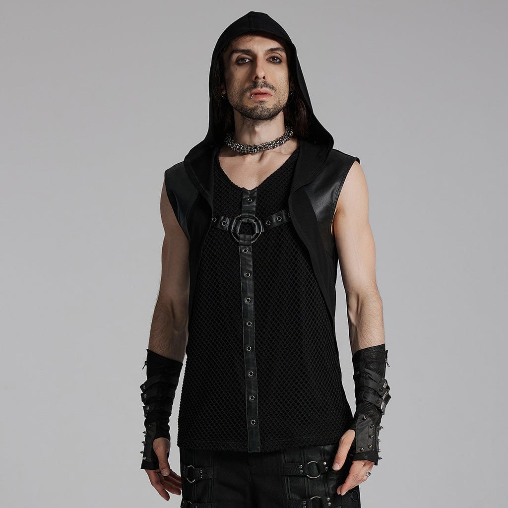 PUNK RAVE Men's Punk Mesh Eyelets Vest with Hood