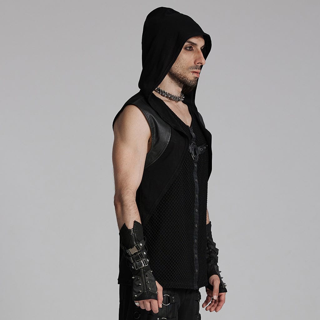 PUNK RAVE Men's Punk Mesh Eyelets Vest with Hood