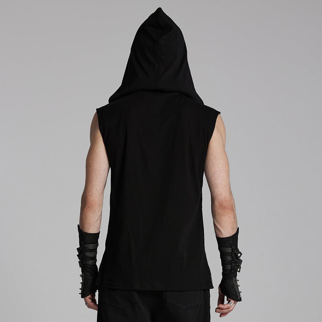 PUNK RAVE Men's Punk Mesh Eyelets Vest with Hood