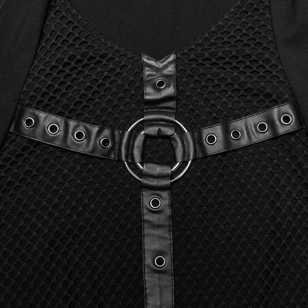 PUNK RAVE Men's Punk Mesh Eyelets Vest with Hood