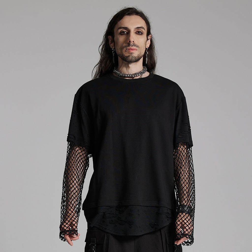 PUNK RAVE Men's Punk Mesh Ripped T-shirt