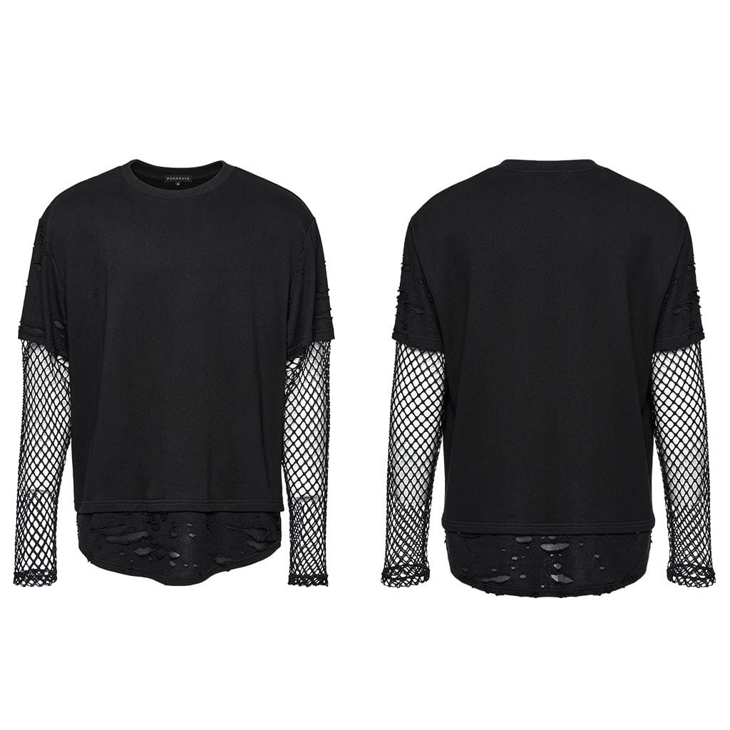 PUNK RAVE Men's Punk Mesh Ripped T-shirt