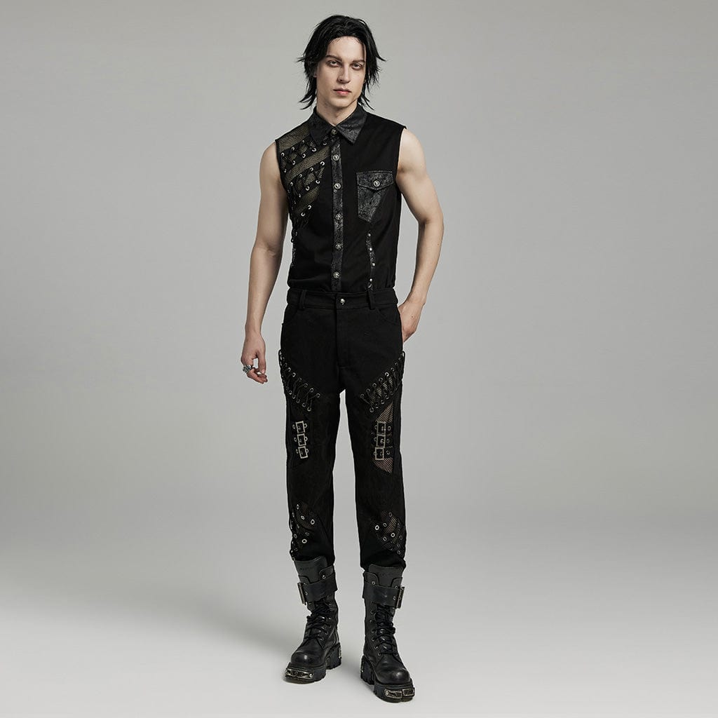 PUNK RAVE Men's Punk Mesh Splice Bucket Straps Pants