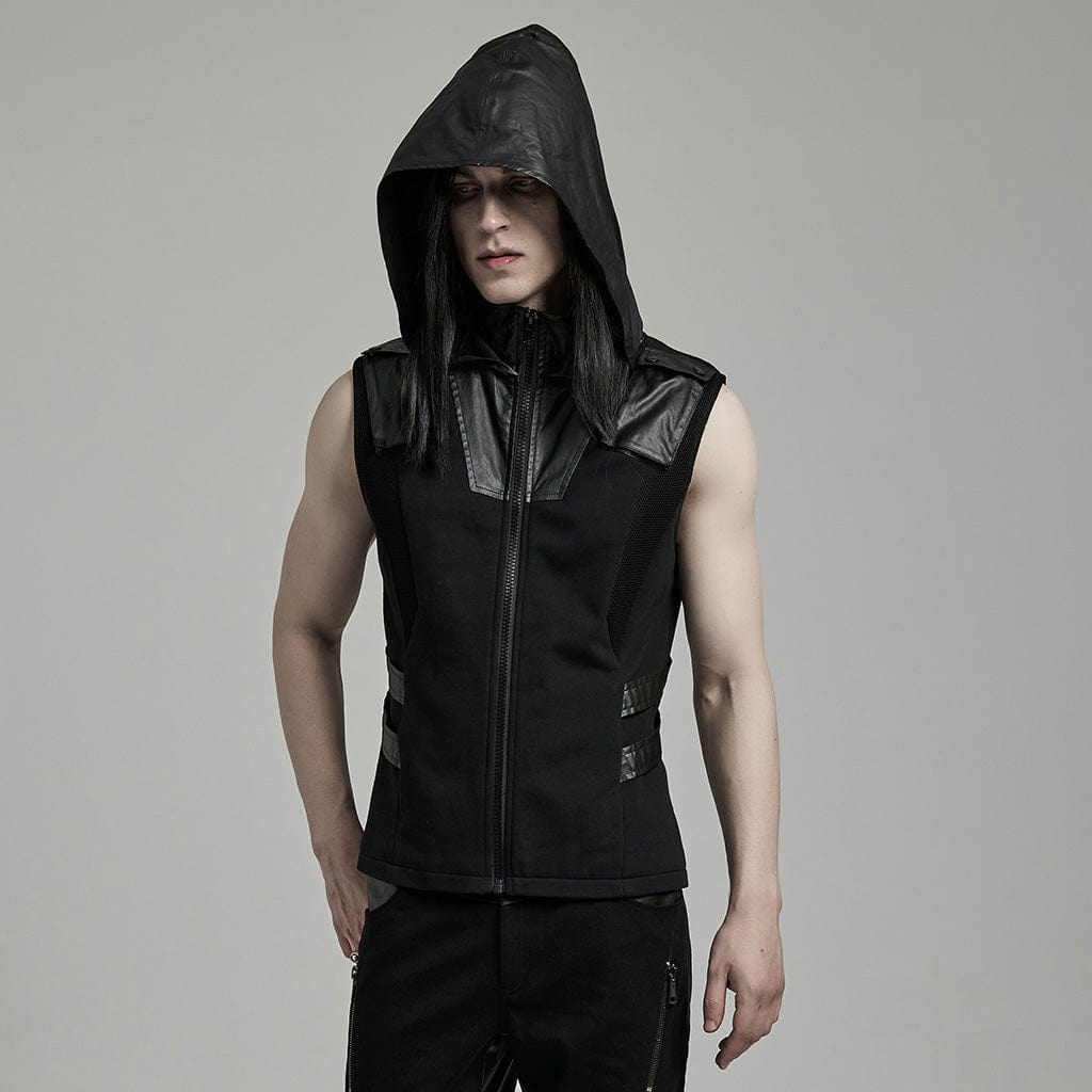 PUNK RAVE Men's Punk Mesh Splice Faux Leather Vest with Hood