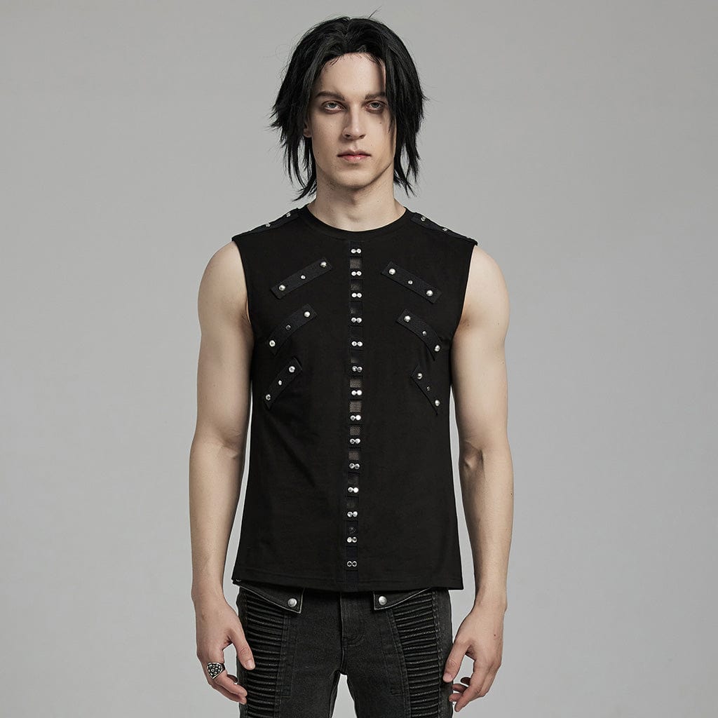 PUNK RAVE Men's Punk Mesh Splice Nailed Straps Tank Top