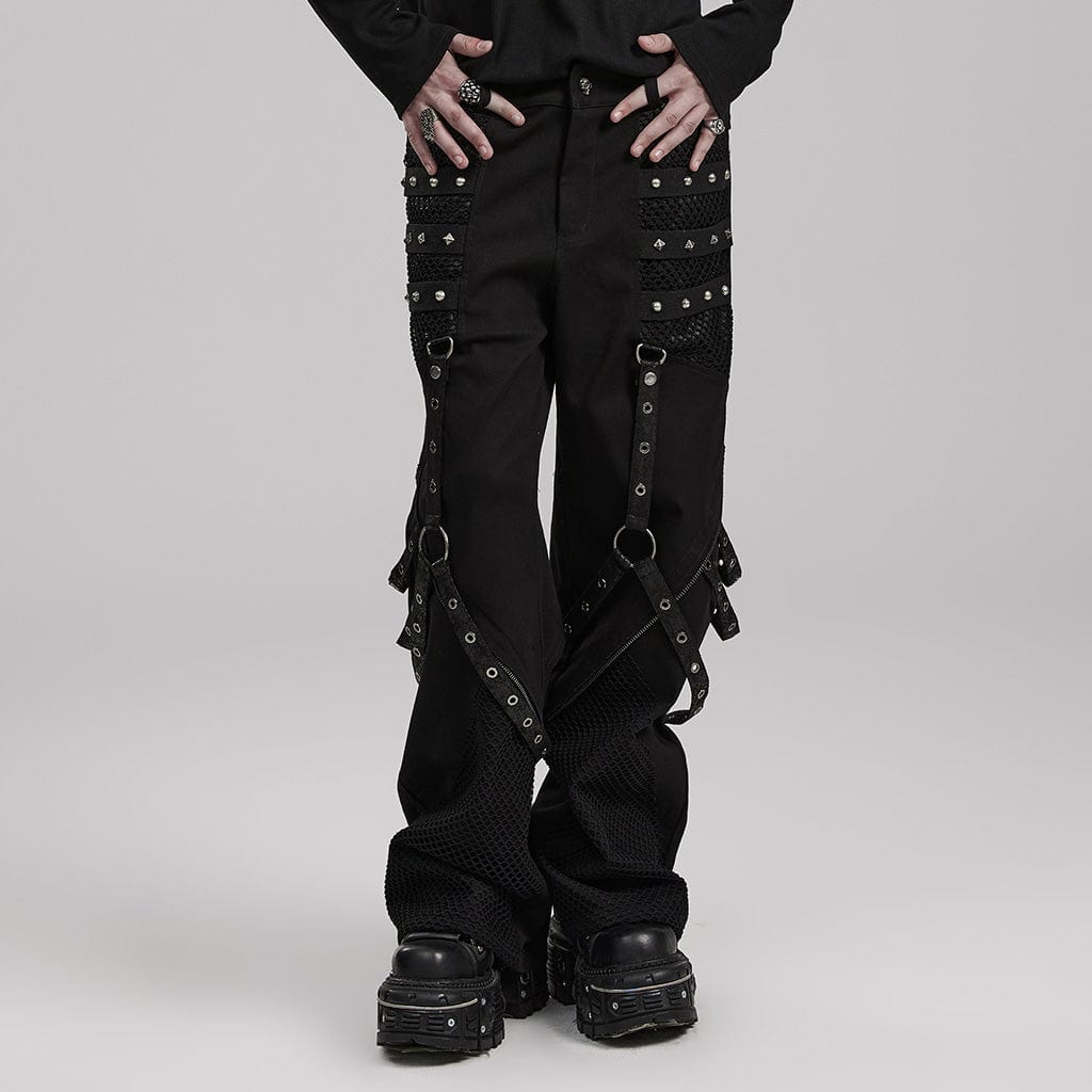 PUNK RAVE Men's Punk Mesh Splice Strappy Trousers