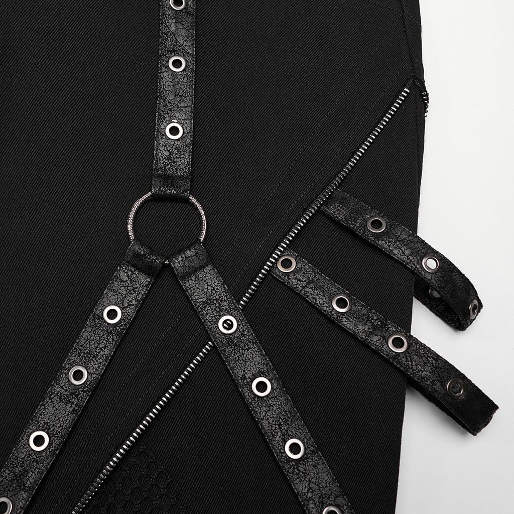 PUNK RAVE Men's Punk Mesh Splice Strappy Trousers