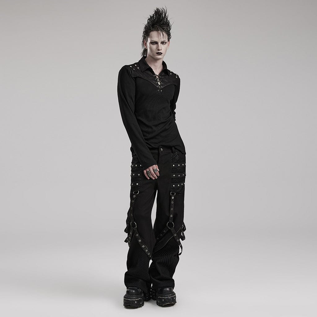 PUNK RAVE Men's Punk Mesh Splice Strappy Trousers