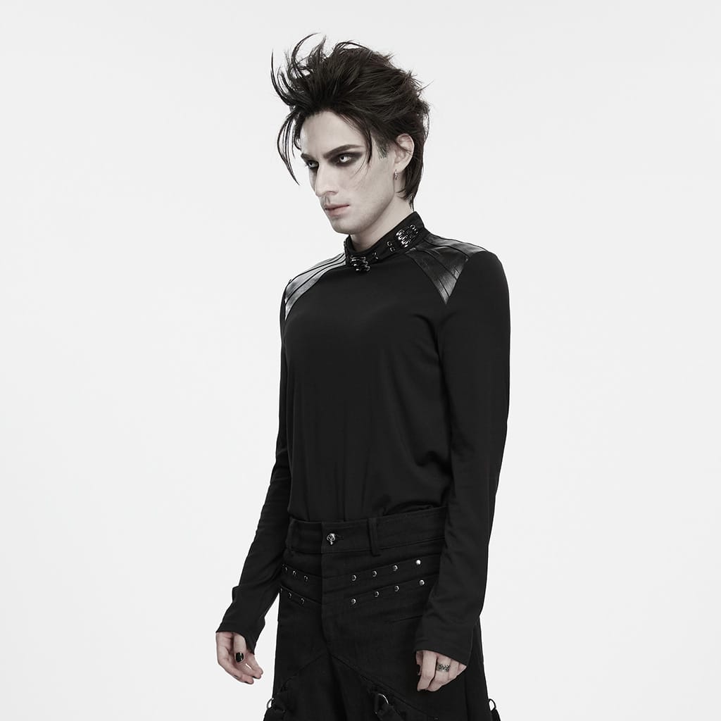 PUNK RAVE Men's Punk Metal Claw Mock Neck Patchwork Long Sleeve Top
