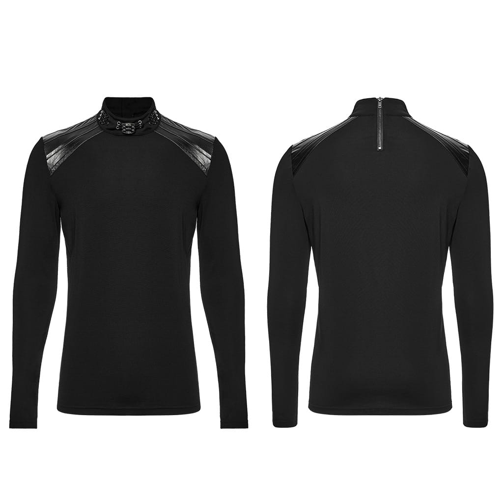 PUNK RAVE Men's Punk Metal Claw Mock Neck Patchwork Long Sleeve Top