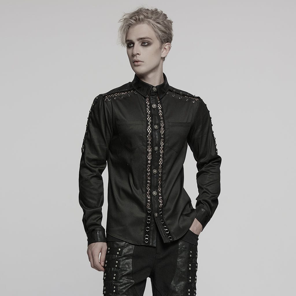 PUNK RAVE Men's Punk Pin Mesh Splice Shirt