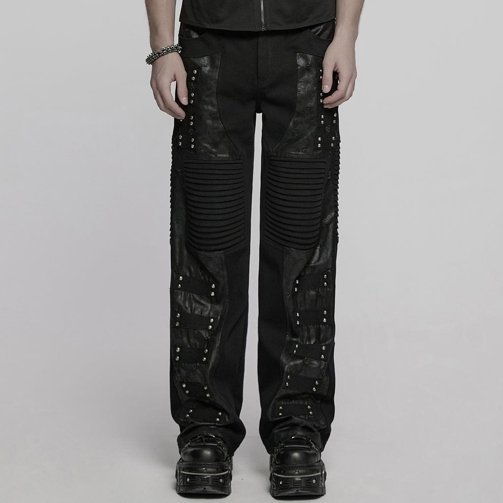 PUNK RAVE Men's Punk Pleated Faux Leather Straight Pants