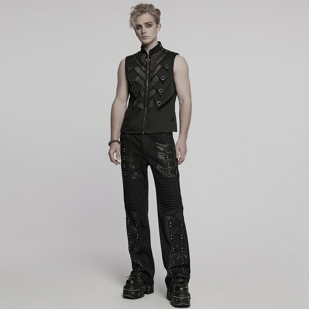 PUNK RAVE Men's Punk Pleated Faux Leather Straight Pants