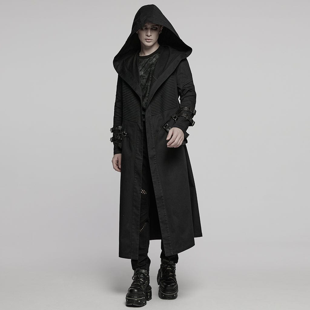 PUNK RAVE Men's Punk Pleated Hooded Coat with Buckle Strap