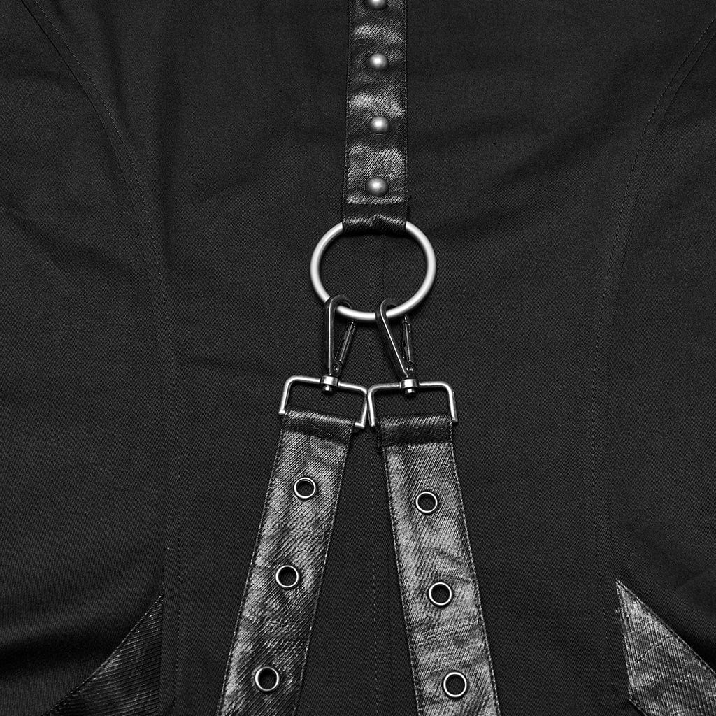 PUNK RAVE Men's Punk Pleated Hooded Coat with Buckle Strap
