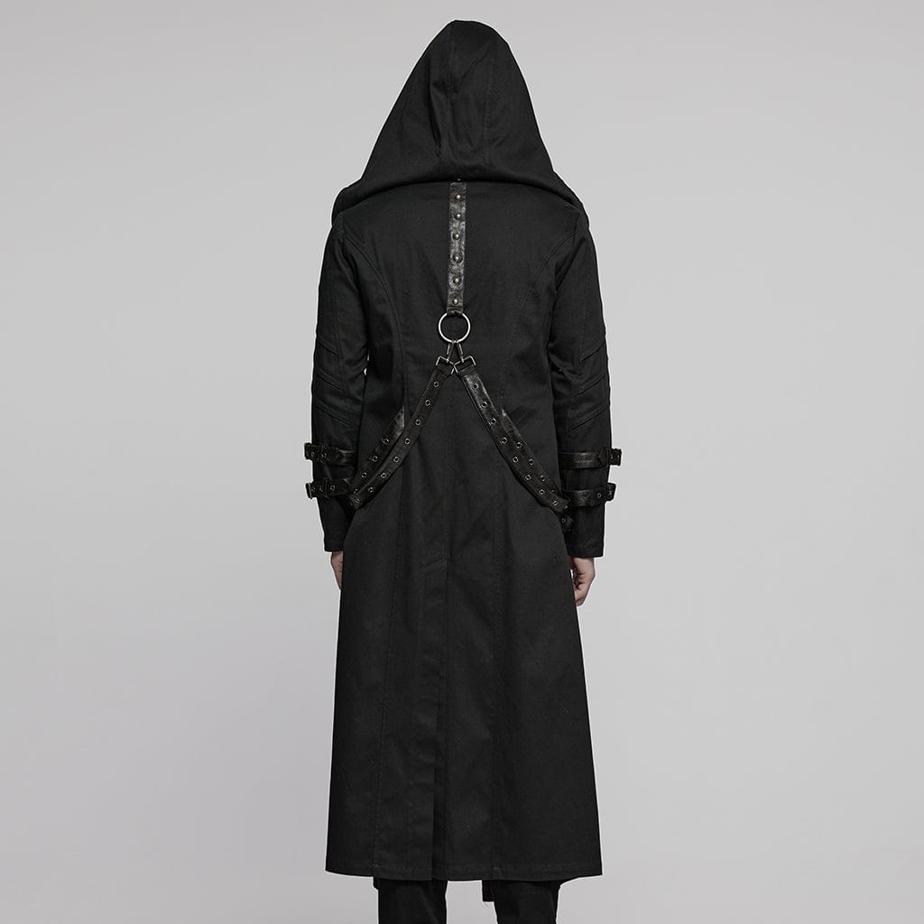 PUNK RAVE Men's Punk Pleated Hooded Coat with Buckle Strap