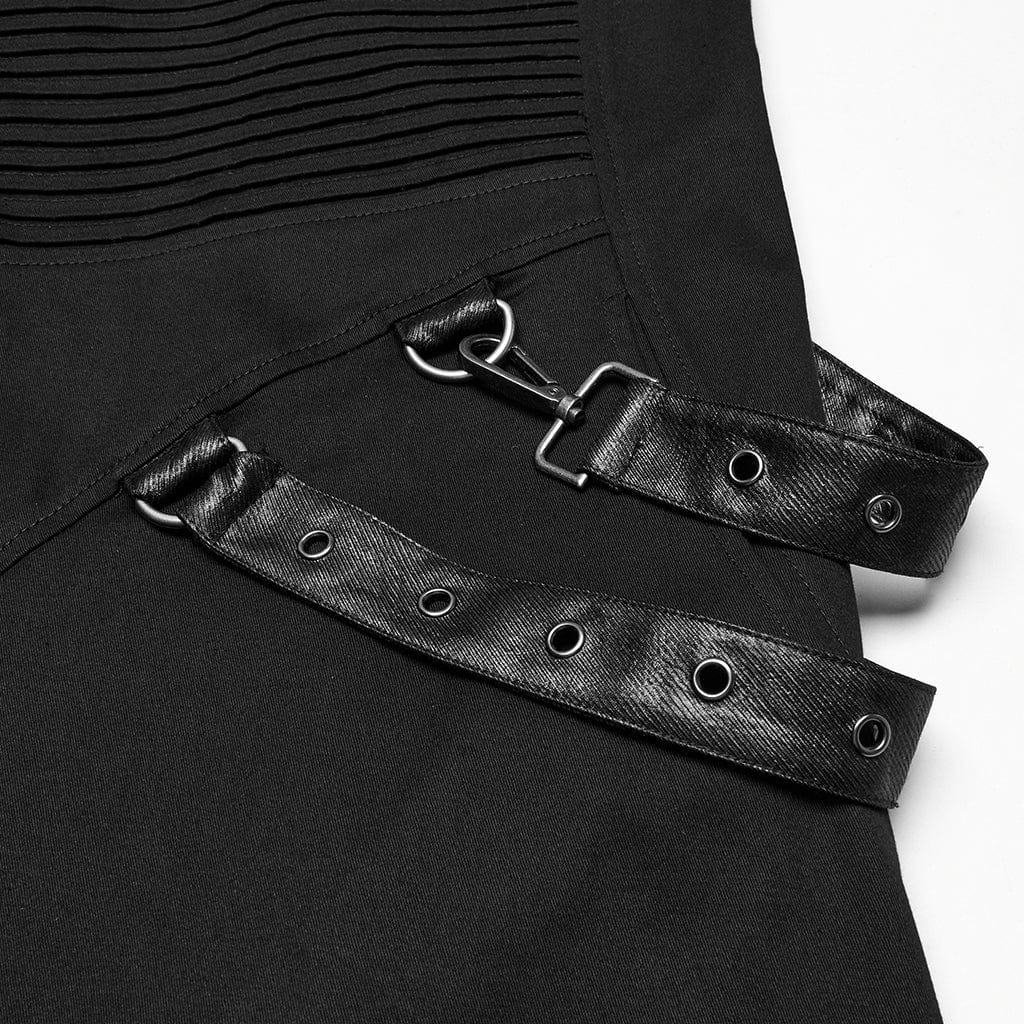 PUNK RAVE Men's Punk Pleated Hooded Coat with Buckle Strap