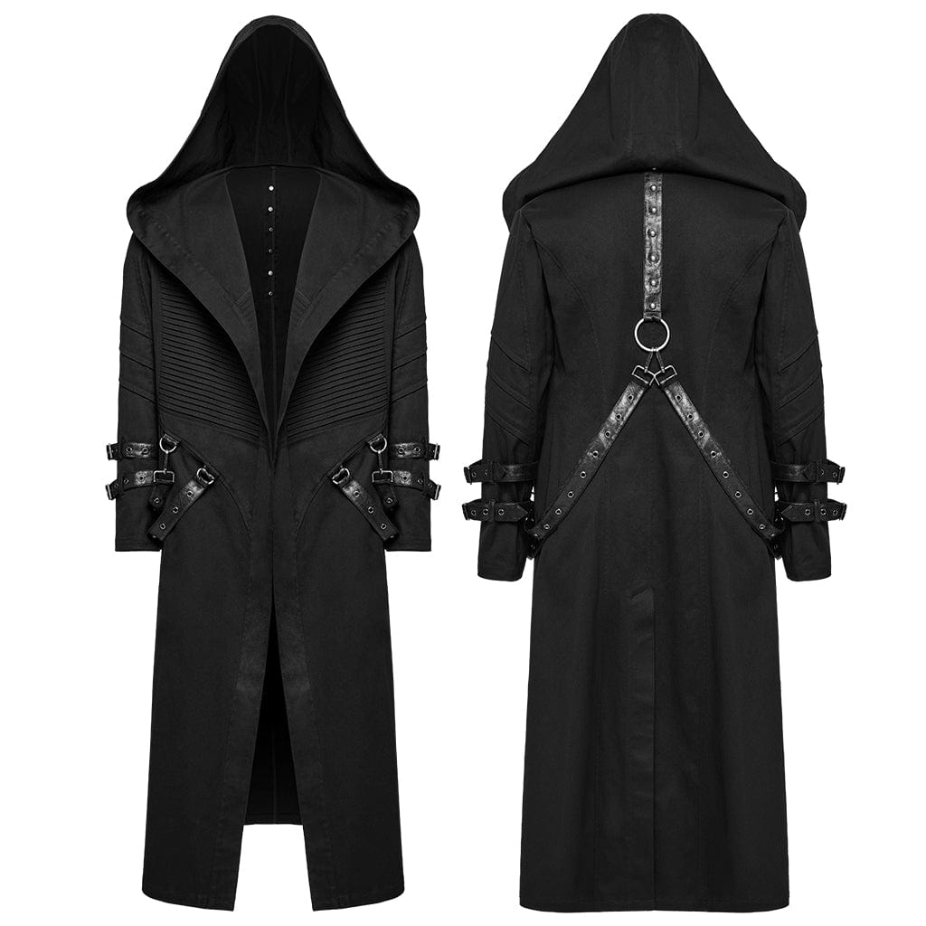 PUNK RAVE Men's Punk Pleated Hooded Coat with Buckle Strap