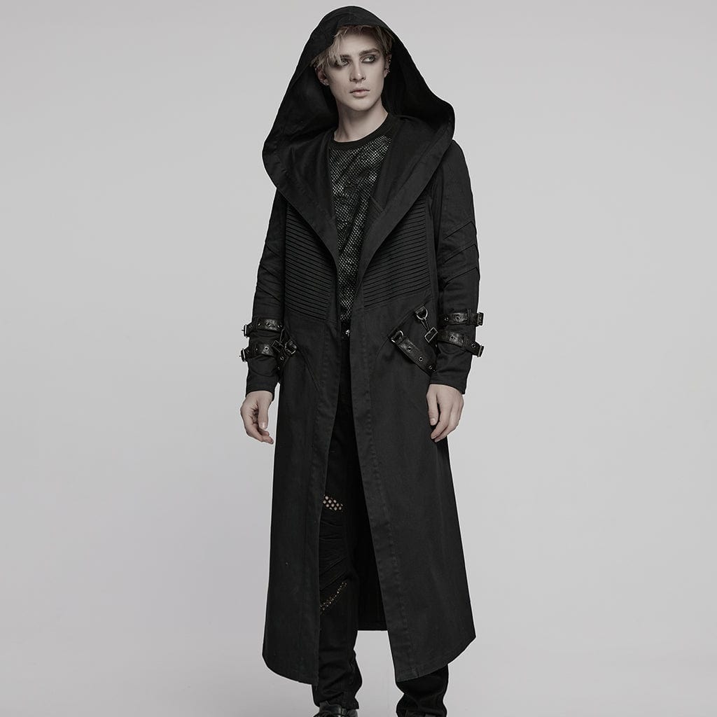 PUNK RAVE Men's Punk Pleated Hooded Coat with Buckle Strap