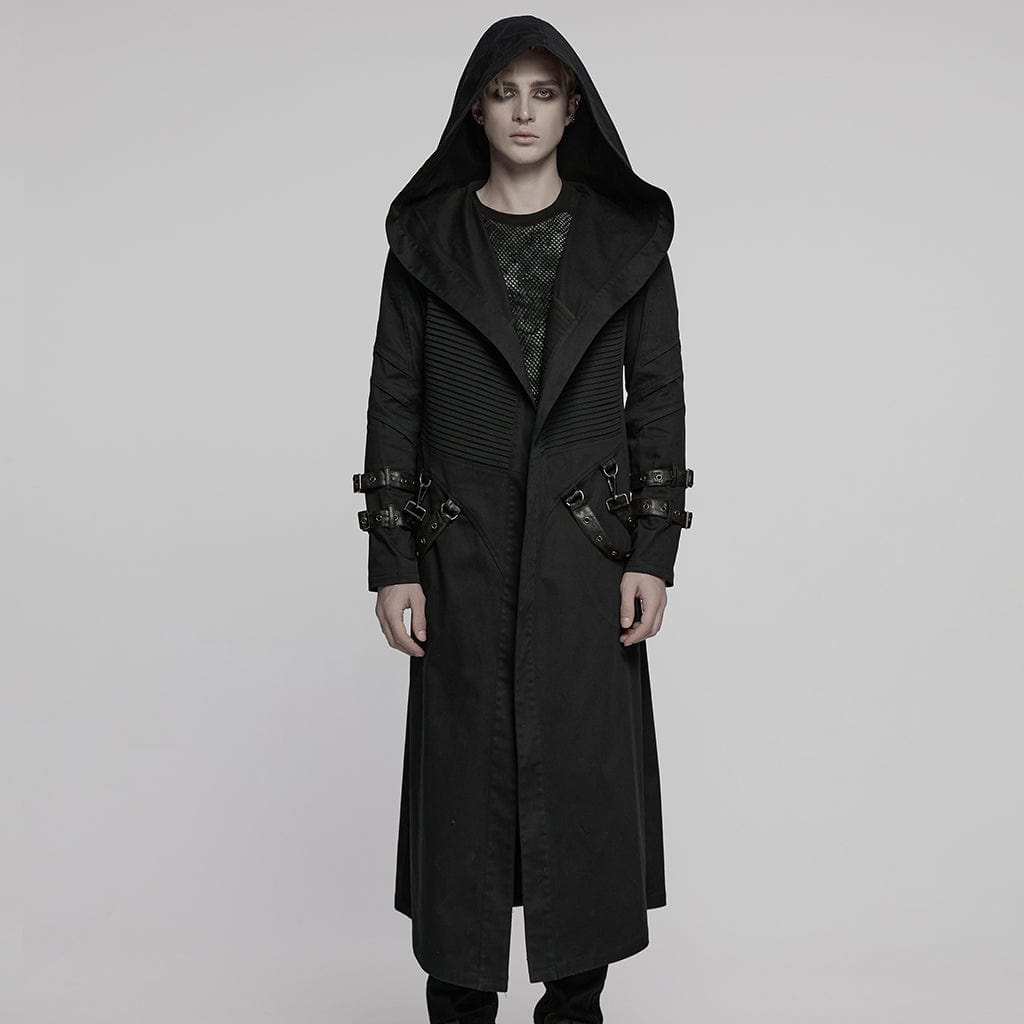 PUNK RAVE Men's Punk Pleated Hooded Coat with Buckle Strap