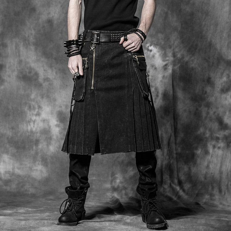 PUNK RAVE Men's Punk Pleated Kilt with Skull Pocket