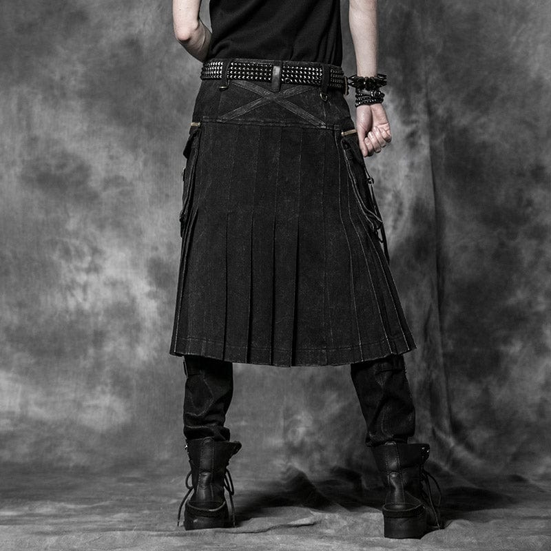 PUNK RAVE Men's Punk Pleated Kilt with Skull Pocket