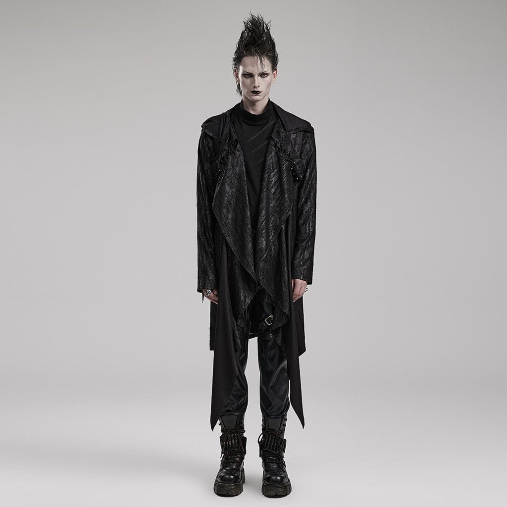 PUNK RAVE Men's Punk Pleated Long Coat with a Hood