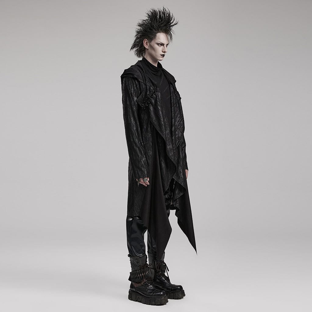 PUNK RAVE Men's Punk Pleated Long Coat with a Hood