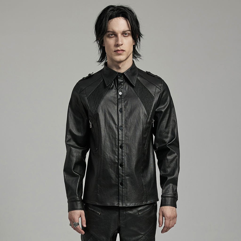 PUNK RAVE Men's Punk Pleated Zipper Faux Leather Shirt