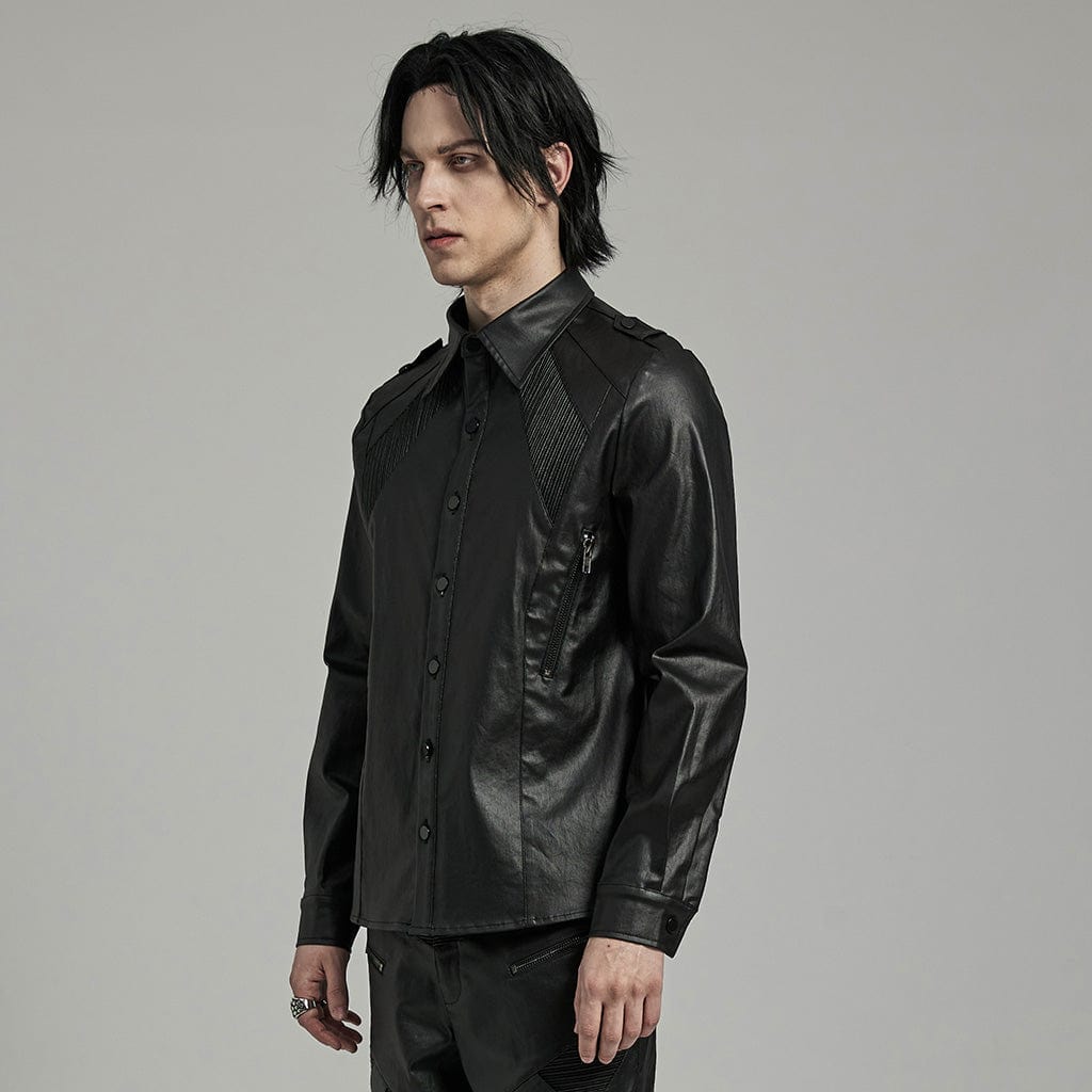PUNK RAVE Men's Punk Pleated Zipper Faux Leather Shirt