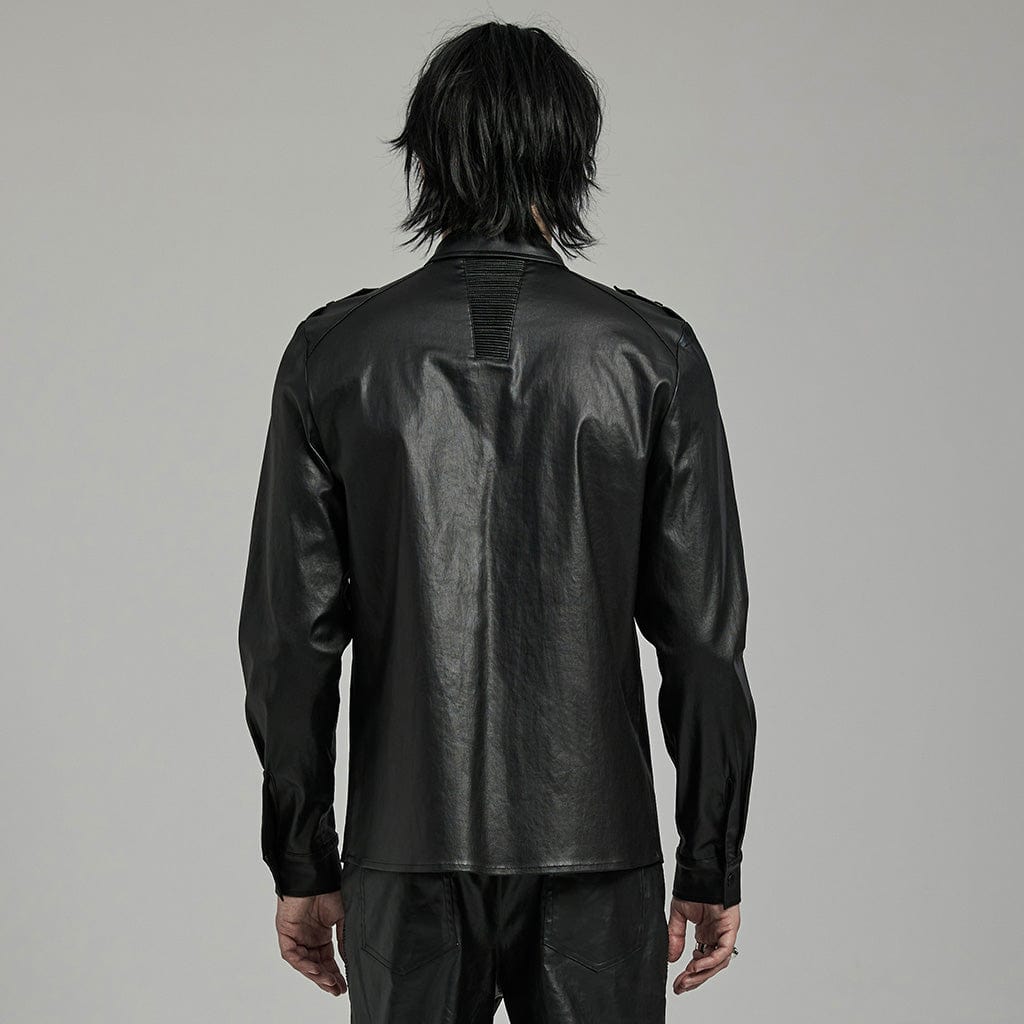 PUNK RAVE Men's Punk Pleated Zipper Faux Leather Shirt