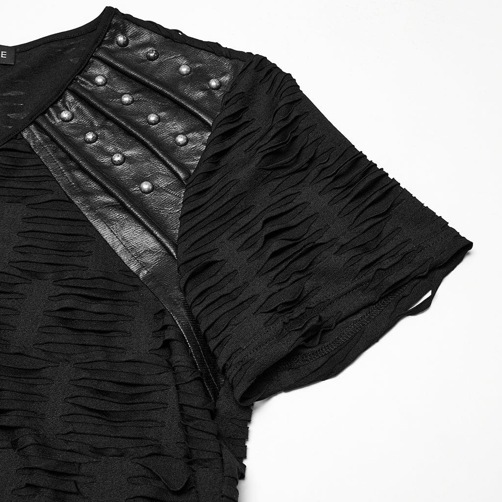 PUNK RAVE Men's Punk Ripped Faux Leather Splice T-shirt