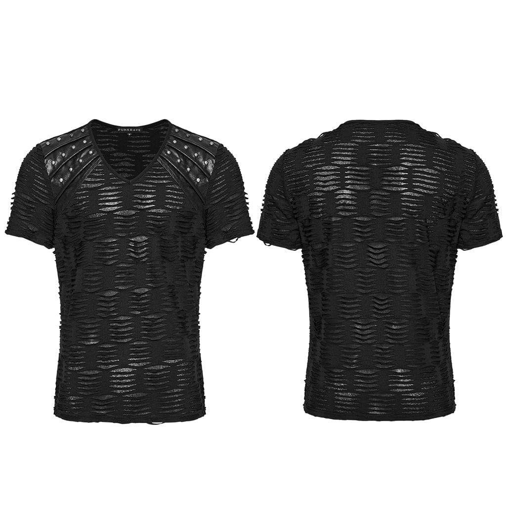 PUNK RAVE Men's Punk Ripped Faux Leather Splice T-shirt