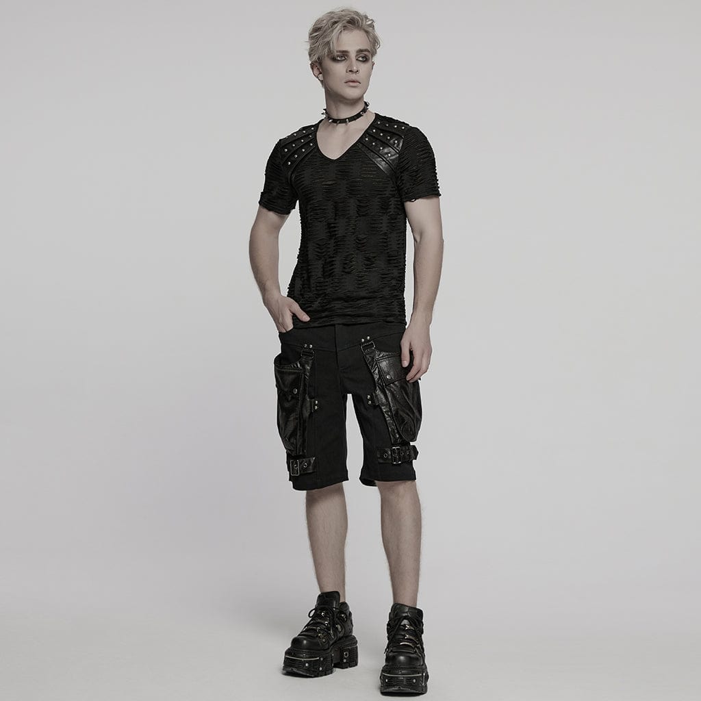 PUNK RAVE Men's Punk Ripped Faux Leather Splice T-shirt