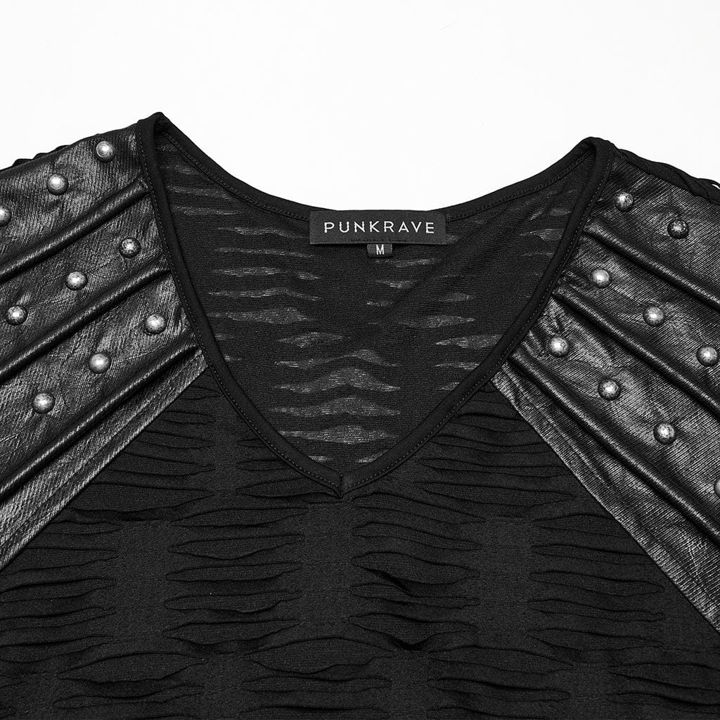 PUNK RAVE Men's Punk Ripped Faux Leather Splice T-shirt