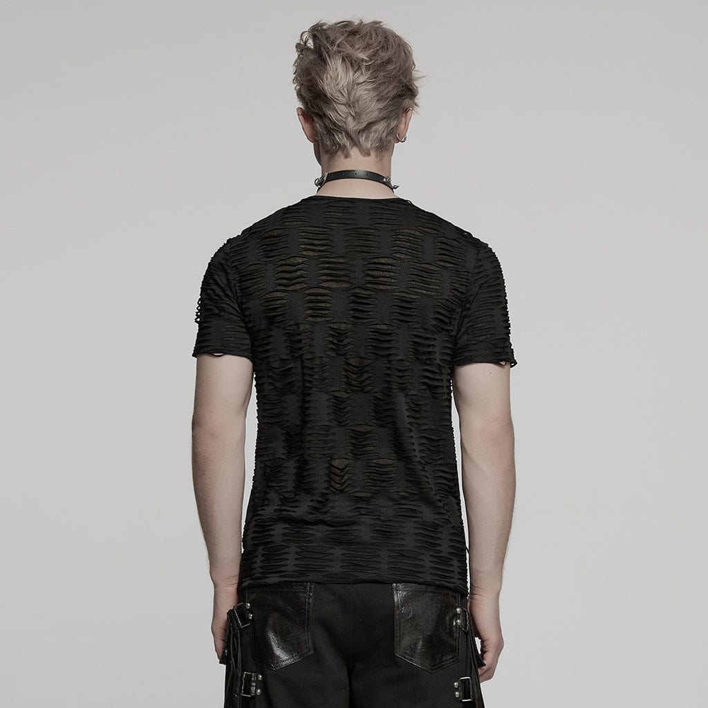 PUNK RAVE Men's Punk Ripped Faux Leather Splice T-shirt