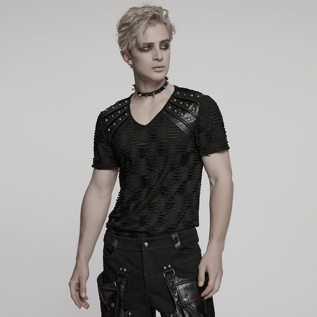 PUNK RAVE Men's Punk Ripped Faux Leather Splice T-shirt