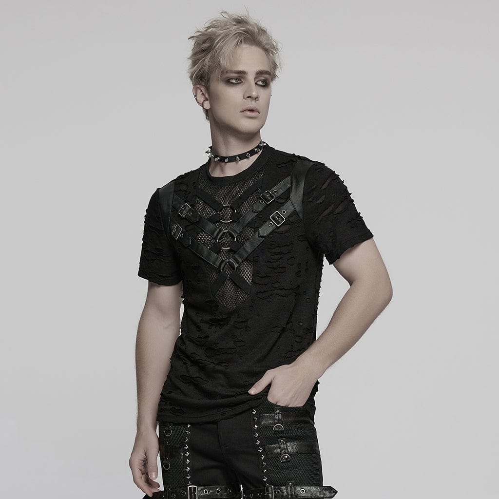 PUNK RAVE Men's Punk Ripped Mesh Splice Strap T-shirt