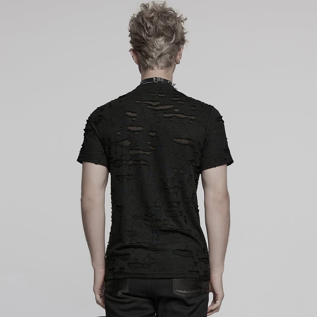 PUNK RAVE Men's Punk Ripped Mesh Splice Strap T-shirt