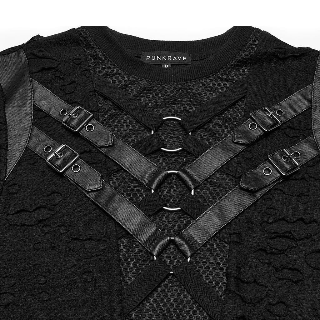 PUNK RAVE Men's Punk Ripped Mesh Splice Strap T-shirt