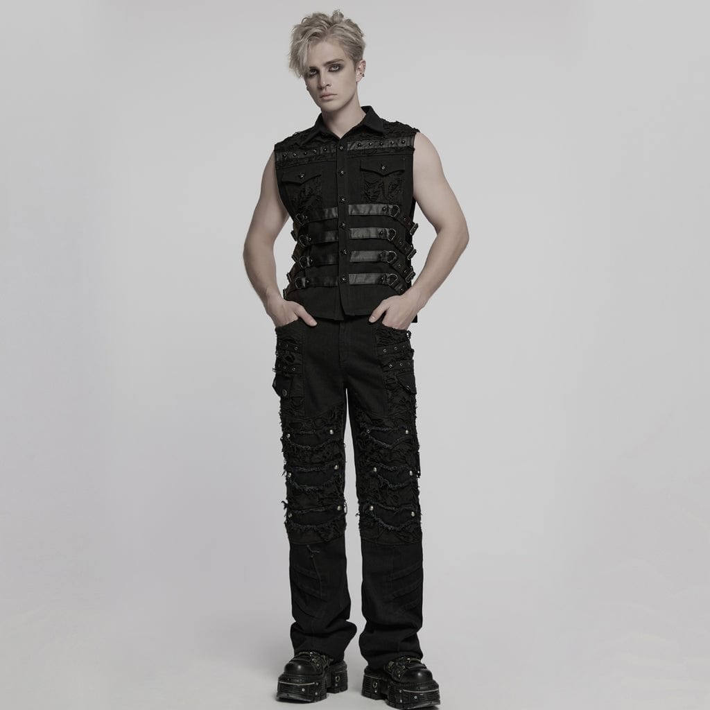 PUNK RAVE Men's Punk Ripped Straight Pants