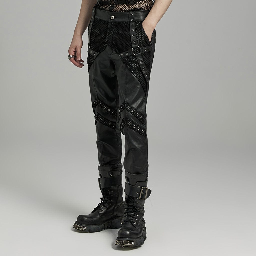 PUNK RAVE Men's Punk Rock Mesh Splice Eyelet Straps Faux Leather Pants