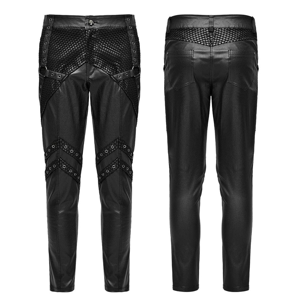 PUNK RAVE Men's Punk Rock Mesh Splice Eyelet Straps Faux Leather Pants